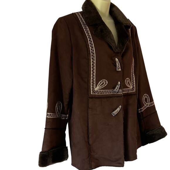 Appraisal Brown Faux Suede Faux Fur Jacket Fall Winter Coat Embroidered Cozy - Picture 2 of 11